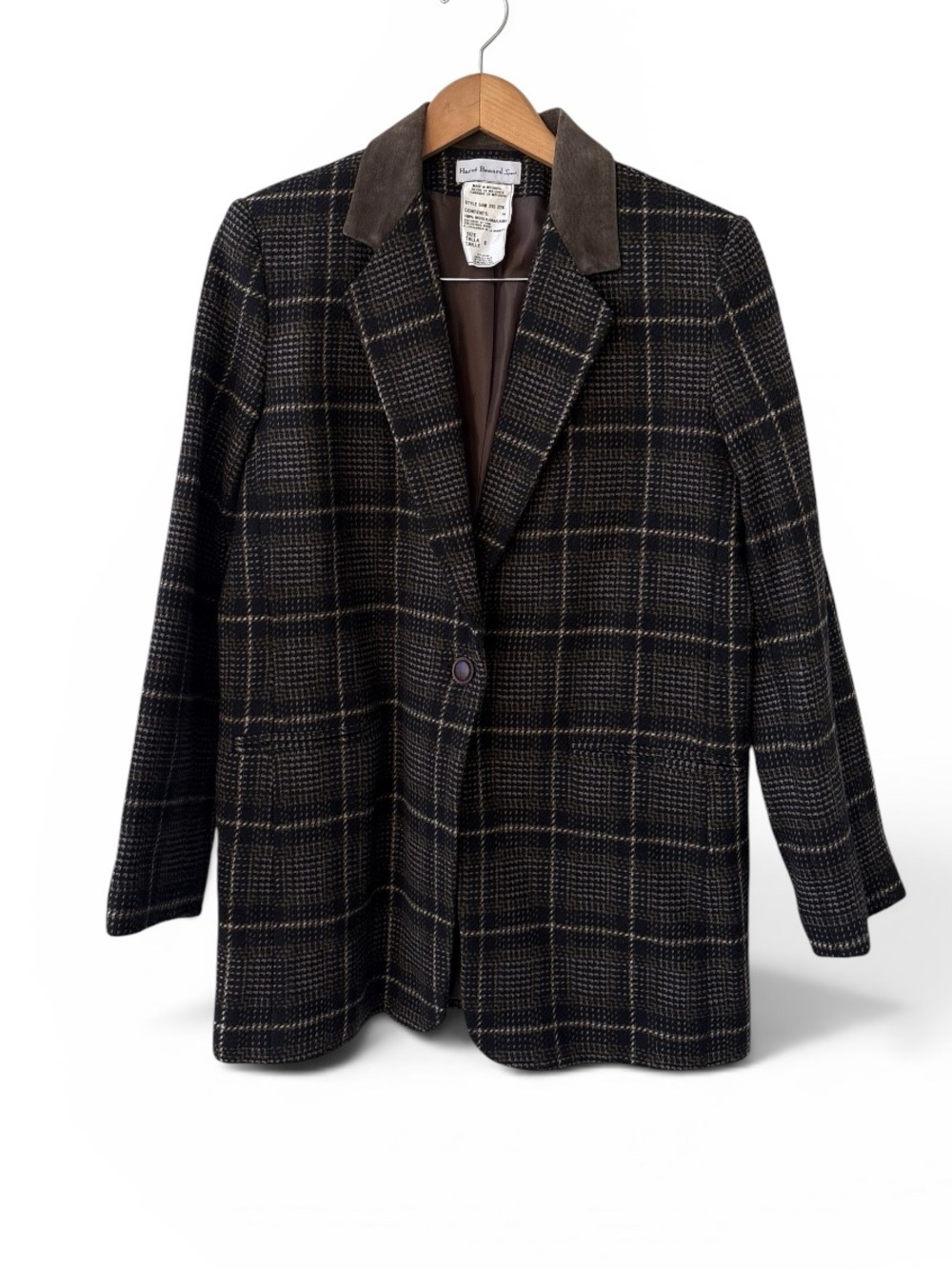 Harvé Benard Sport Wool Plaid Blazer Jacket Brown Windowpane Suede Collar Size 8
